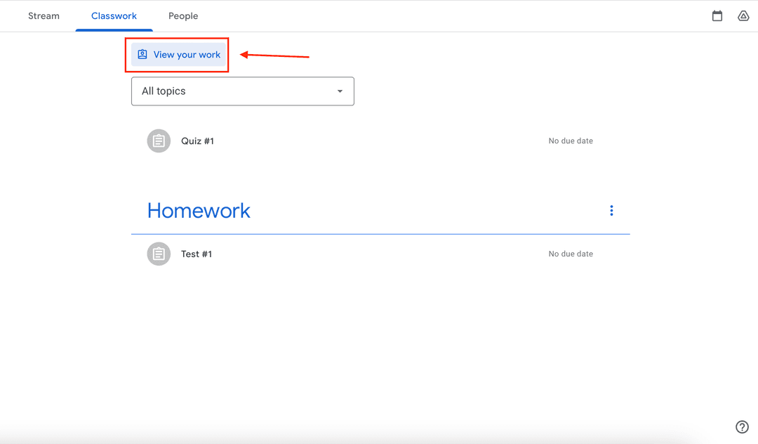 Google Classroom: Classwork page